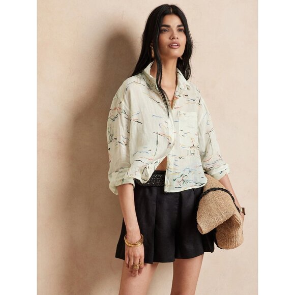 NWT BANANA REPUBLIC Desert Ramie Cropped Button Down Skimmer Shirt, Size XS - Picture 1 of 16